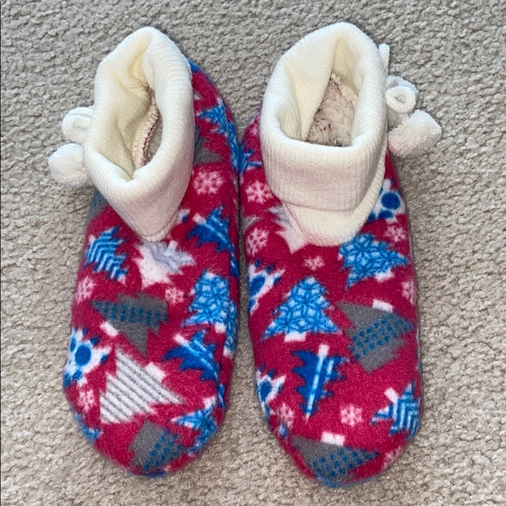 Pink & Blue Christmas Slippers with White Pompoms